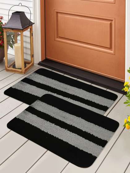 HOSTA HOMES Set Of 2 Black & Grey Striped Anti-Skid Rectangular Doormats