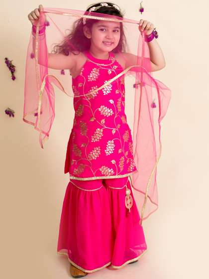 Pspeaches Girls Magenta
                    Foil Georgette Kurta Sharara Dupatta Set