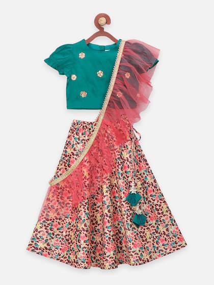 LilPicks Girls Sea Green & Multicoloured Embellished Block Print Ready to Wear Lehenga & Blouse With Dupatta