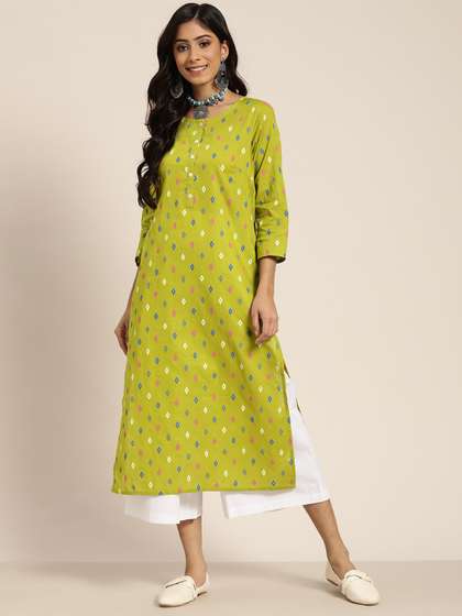 Sangria Women Lime Green & Blue Geometric Print Cotton Straight Kurta