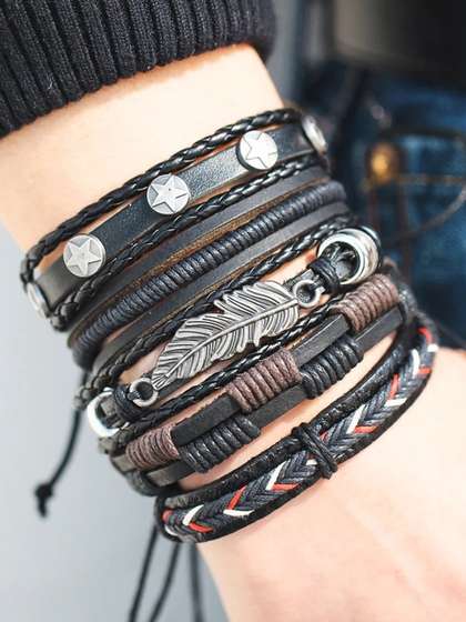 Shining Diva Fashion Men
                    Set of 5 Black Silver-Toned Leather Silver-Plated
                    Multistrand Bracelet