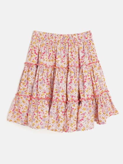 luyk Kids Girls Pink & Mustard Yellow Floral Print Tiered Flared Skirt