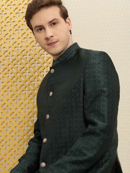 House of Pataudi Men Black & Green Woven Design Bandhgala Jashn Blazer
