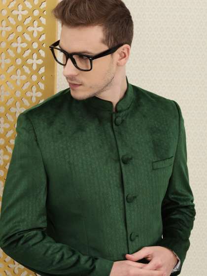 House of Pataudi Men Green Self-Design Velvet Bandhgala Party Blazer