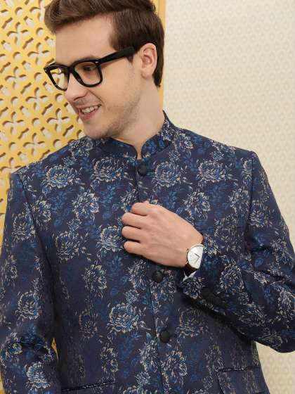 House of Pataudi Men Blue Floral Embroidered Bandhgala Jashn Party Blazer