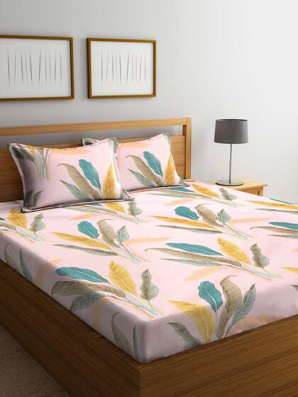 KLOTTHE Pink & Blue Floral 210 TC King Bedsheet with 2 Pillow Covers