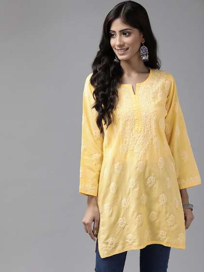 ADA Yellow & Off White Ethnic Motifs Chikankari Kurti