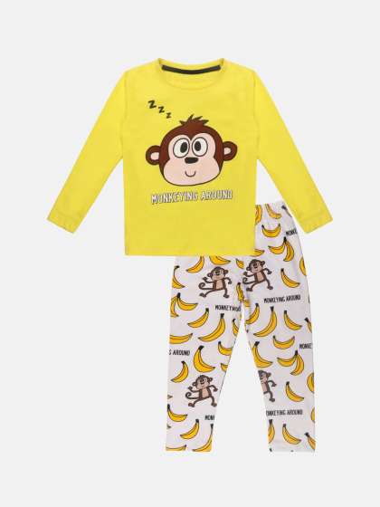 Lazy Shark Boys Yellow & White Graphic Printed Night suit