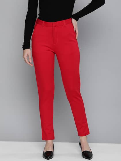 Tokyo Talkies Women Red Solid Slim Fit Trousers