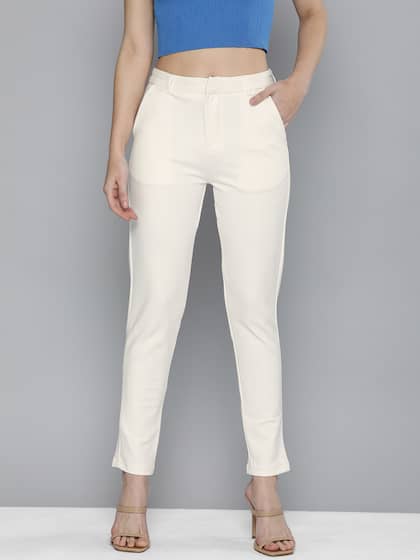 Tokyo Talkies Women Off White Solid Slim Fit Trousers