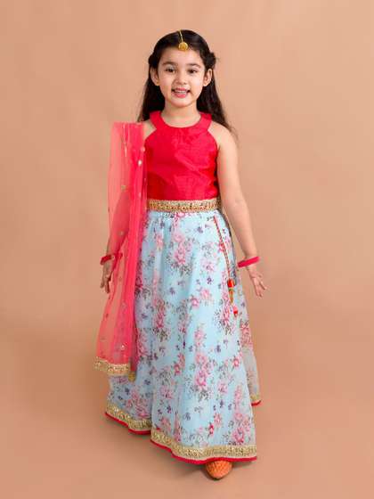 Pspeaches Girls Red And
                    Blue Floral Silk Lehenga Choli Dupatta Set