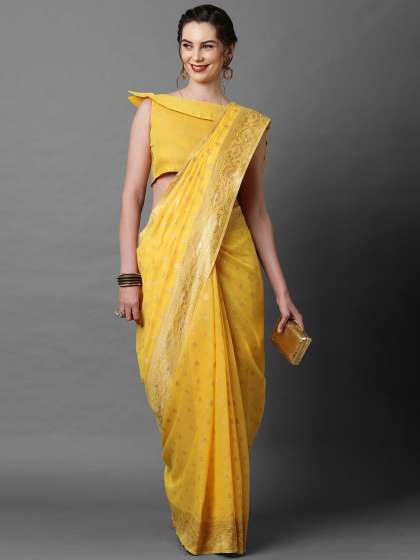 Mitera Yellow Silk Blend Ethnic Motif Woven Design Banarasi Saree