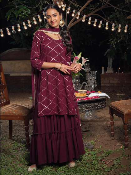 Libas Womens Purple Embroidered Georgette Straight Kurta With Sharara & Dupatta