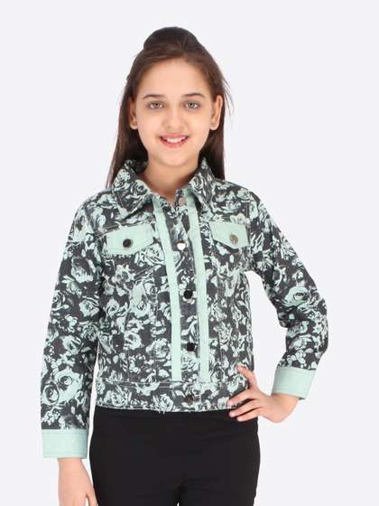 CUTECUMBER Girls Black
                    & Green Floral Printed Jacket