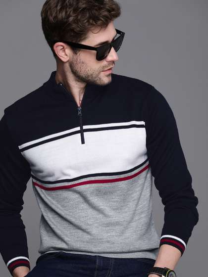 WROGN Men Navy Blue
                        & Grey Colourblocked Mock-Collar Pullover
                        Sweater