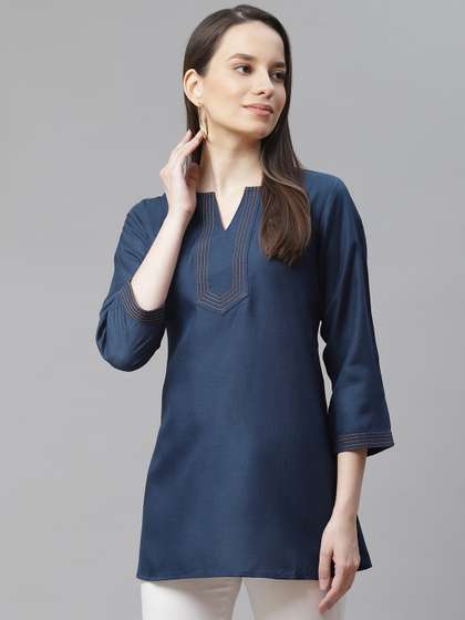 Cottinfab Navy Blue V-Neck Pure Cotton A-Line Kurti