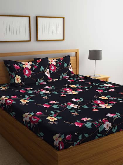 Arrabi Black & Pink Floral 300 TC King Bedsheet With 2 Pillow Covers