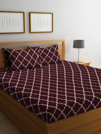 Arrabi Brown & White Geometric 300 TC King Bedsheet with 2 Pillow Covers