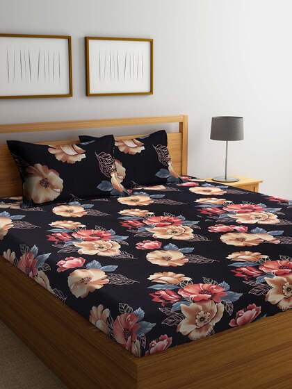 Arrabi Black & Pink Floral 300 TC King Bedsheet with 2 Pillow Covers
