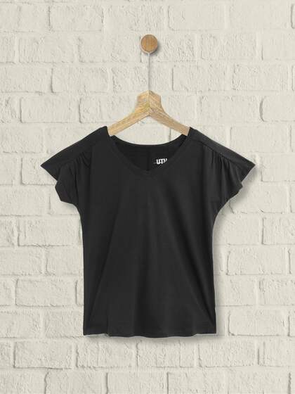 UTH by Roadster Girls Black Cotton V-Neck Extended Sleeves T-shirt