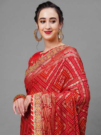 Mitera Red & Gold-Toned Woven Design Bandhani Saree