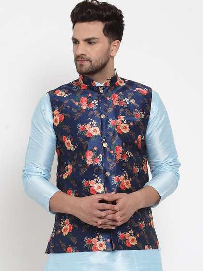 KRAFT INDIA Men Blue
                        Silk Printed Mandarin Collar Nehru Jacket