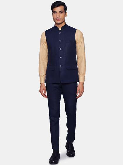 Wintage Men Navy
                        Blue Solid Linen Bandhgala Formal Suit