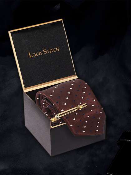 LOUIS STITCH Men Brown
                    Polka Italian Silk Necktie Accessory Gift Set