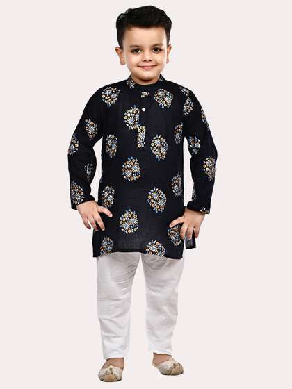 Superminis Boys Pure
                    Cotton Gold Foil Printed Black & White Kurta
                    Pyjama Set