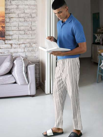 U.S. Polo Assn. Men
                        White & Navy Blue Striped Pure Cotton Lounge
                        Pants