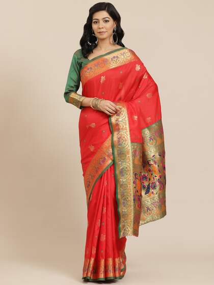 SHANGRILA Red & Green Floral Pure Silk Ready to Wear Saree