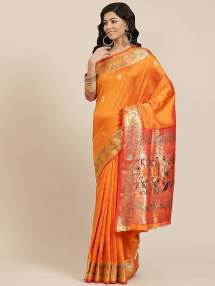 SHANGRILA Orange & Red Floral Pure Silk Ready to Wear Saree