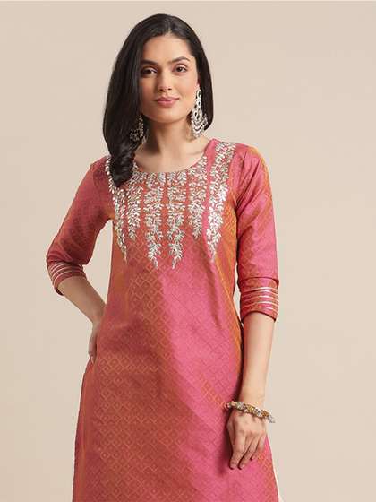 Varanga Women Coral
                        Dual Tone Floral Gota Patti Embroidered Jacquard
                        Kurta