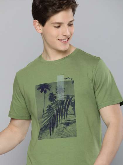 Mast & Harbour Men Green Printed Round Neck Pure Cotton T-shirt