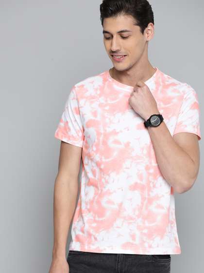 Mast & Harbour Men White & Pink Tie and Dyed Cotton T-shirt