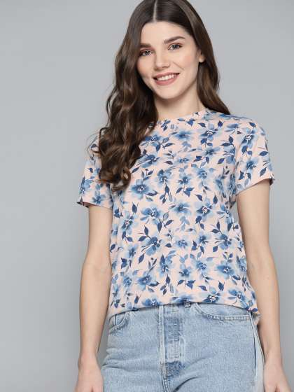 Mast & Harbour Women Peach-Coloured & Navy Blue Floral Printed Pure Cotton T-shirt