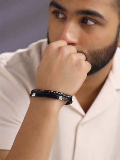Yellow Chimes Men Black
                    & Silver-Toned Stainless Steel Wrist Leather
                    Wraparound Bracelet