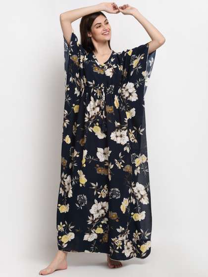 Claura Navy Blue
                        & Beige Floral Printed Maxi kaftan
                        Nightdress