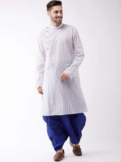 VASTRAMAY Men White Ethnic Motifs Printed Angrakha Pure Cotton Kurta with Dhoti Pants