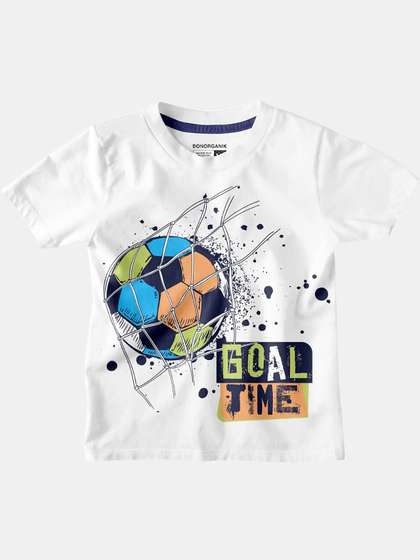 BonOrganik Boys White Graphic Printed Round-Neck T-shirt