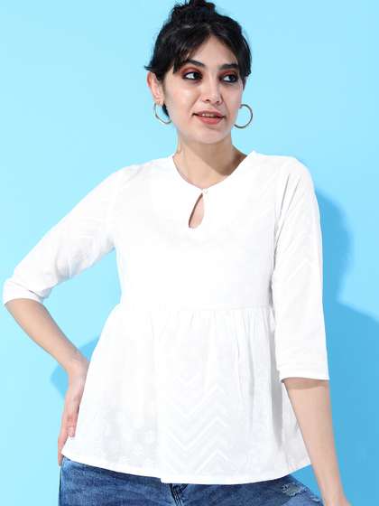 Vishudh White Ethnic Motifs Printed Keyhole Neck Pure Cotton Empire Top