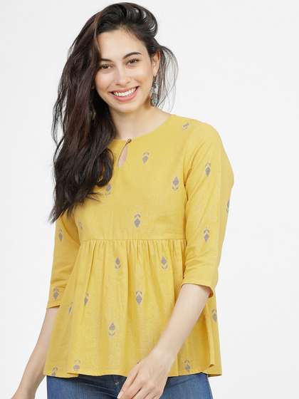 Vishudh Mustard & Blue Ethnic Motifs Printed Pure Cotton Empire Top