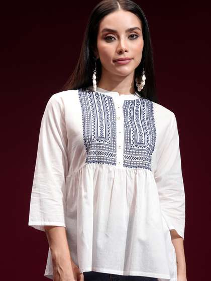 Vishudh Off White & Blue Geometric Printed Mandarin Collar Empire Top