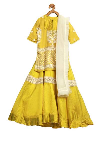 EthnoVogue Girls Yellow & White Embroidered Made to Measure Lehenga & Blouse With Dupatta
