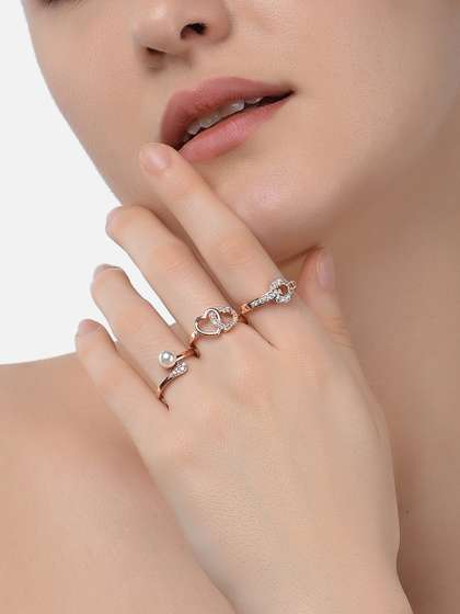 Zaveri Pearls Set Of
                        3 Rose Gold-Plated White CZ-Studded & Beaded
                        Adjustable Contemporary Finger Rings