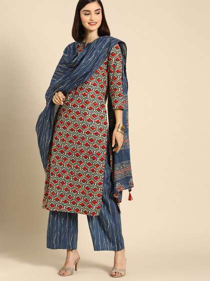Anouk Women Blue Ethnic Motifs Printed Regular Cotton Kurta With Palazzos & Dupatta