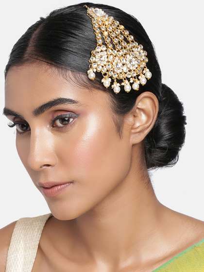 I Jewels Women
                      Gold-Plated & White Kundan Pearl Studded &
                      Beaded Jhumar Passa
