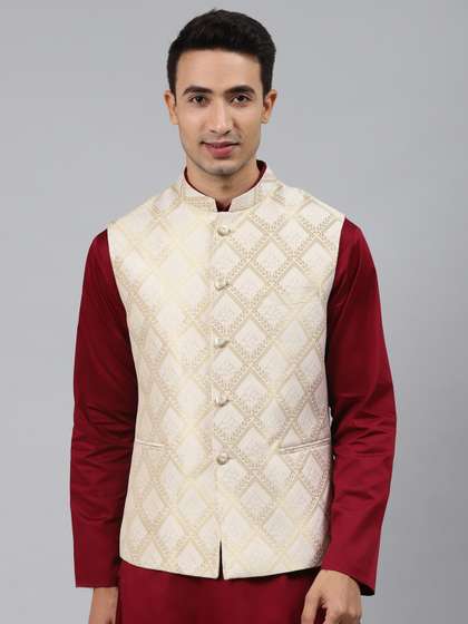 MANQ Men White Woven
                        Jaquard Silk Nehru Jacket