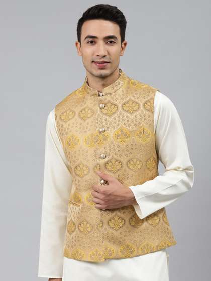 MANQ Men Gold Toned
                        Woven Jaquard Silk Nehru Jacket