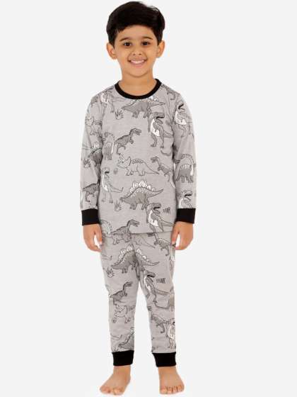 Lazy Shark Boys Grey & Black Dinosaur Printed Night Suit